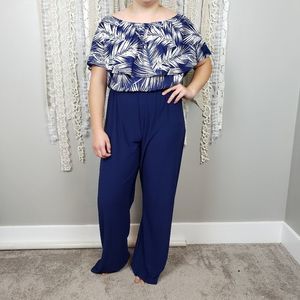 Ashley Stewart Blue White Palm Leaf Jumpsuit